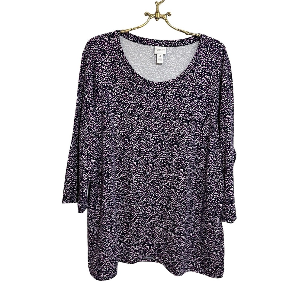 Weekends by Chico's Women Size 4 Pink Navy Leopard Print 3/4 Sleeve Scoop Tee